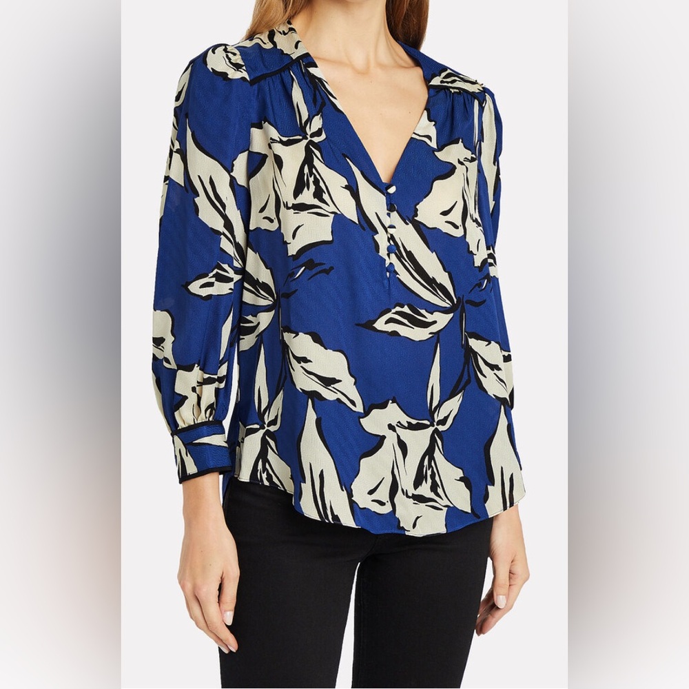 Veronica Beard Milan Blue and White Floral Silk Blend Top Womens Size 8